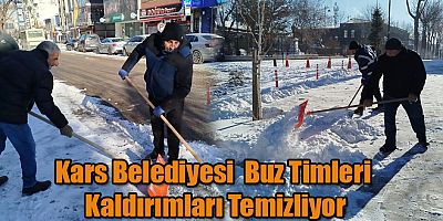 Kars Belediyesi buz timleri kaldırımlarda çalışma yürütüyor